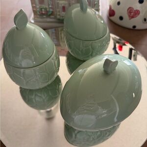Temptations (Set of 3) Light Sage Green Ceramic Carved Willow Lidded Ramekins
